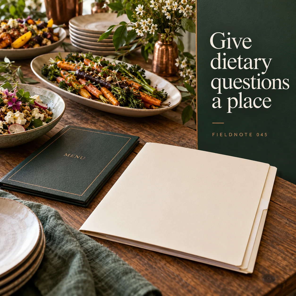 Illustrative campaign concept: plain dietary-question folder kept beside closed menu, with the headline “Give dietary questions a place” and fictional FIELDNOTE branding.