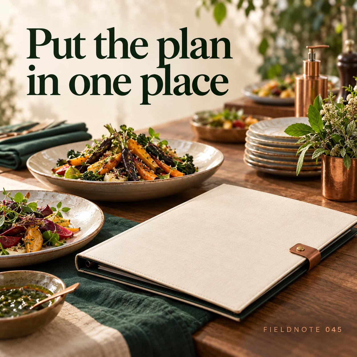 Illustrative campaign concept: agreed-event folio beside original catering setup sample, with the headline “Put the plan in one place” and fictional FIELDNOTE branding.