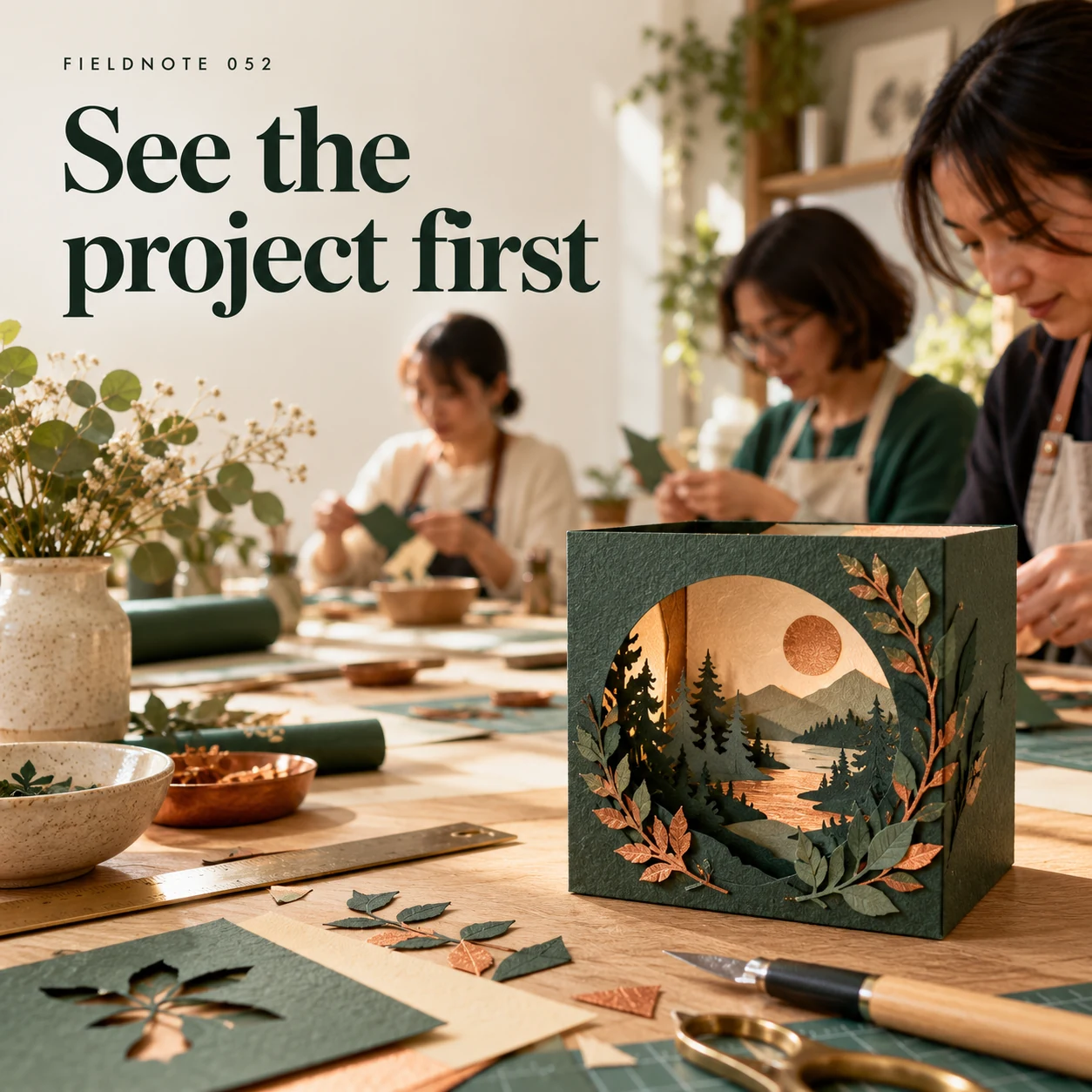 Illustrative campaign concept: original paper-craft project on clean table, with the headline “See the project first” and fictional FIELDNOTE branding.