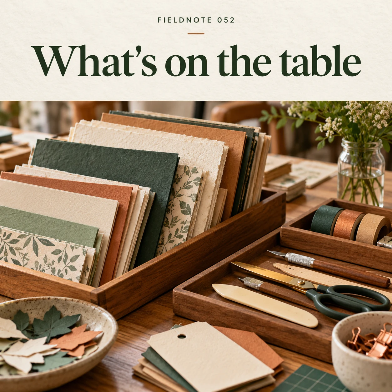 Illustrative campaign concept: prepared trays of paper and safe generic hand tools, with the headline “What's on the table” and fictional FIELDNOTE branding.