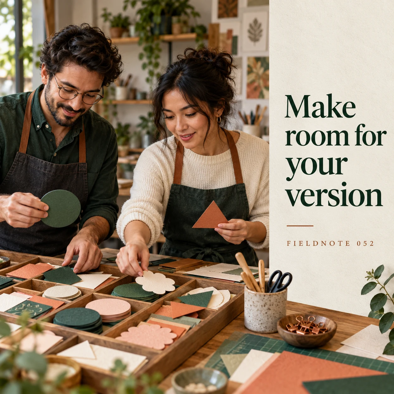 Illustrative campaign concept: two adult participants choosing original paper shapes, with the headline “Make room for your version” and fictional FIELDNOTE branding.