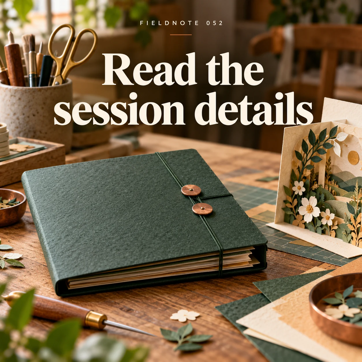 Illustrative campaign concept: closed workshop-details folder beside project sample, with the headline “Read the session details” and fictional FIELDNOTE branding.