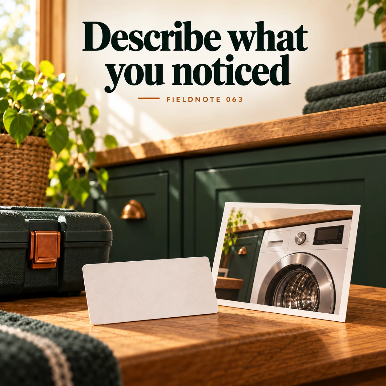 Illustrative campaign concept: unreadable model-label card beside appliance photo, with the headline “Describe what you noticed” and fictional FIELDNOTE branding.