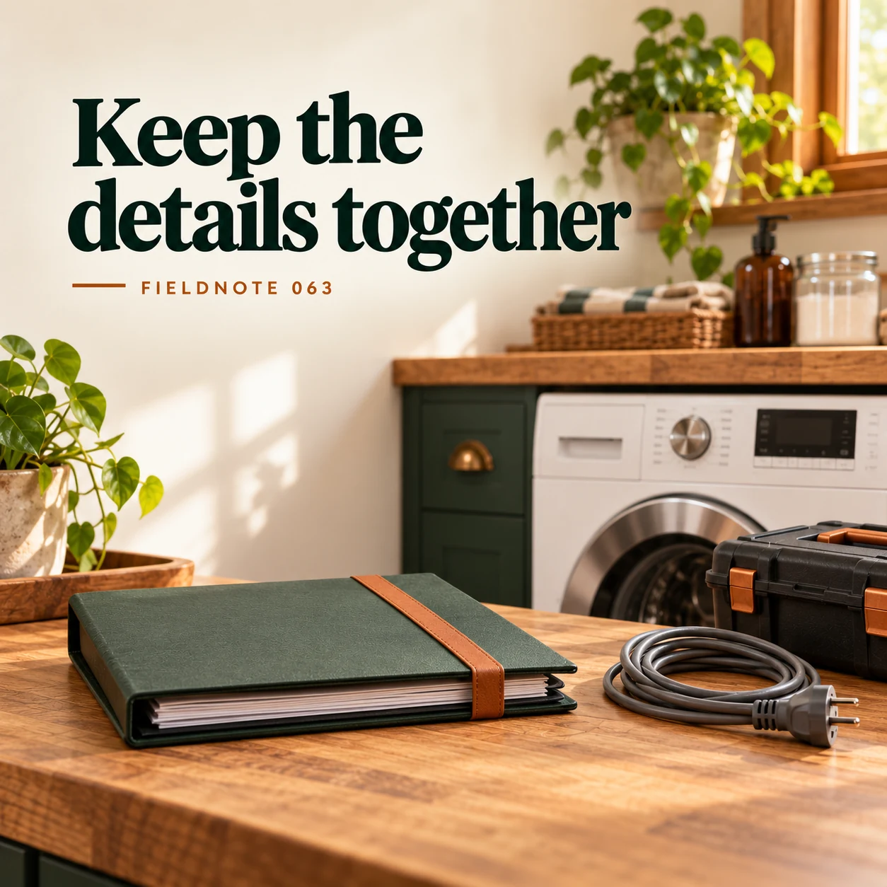 Illustrative campaign concept: closed service-history folder and ordinary cable, with the headline “Keep the details together” and fictional FIELDNOTE branding.