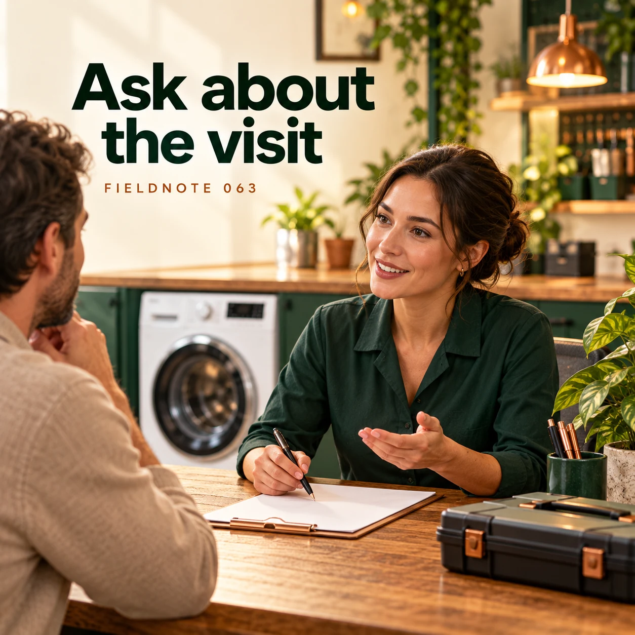 Illustrative campaign concept: adult receptionist discussing inspection details across desk, with the headline “Ask about the visit” and fictional FIELDNOTE branding.