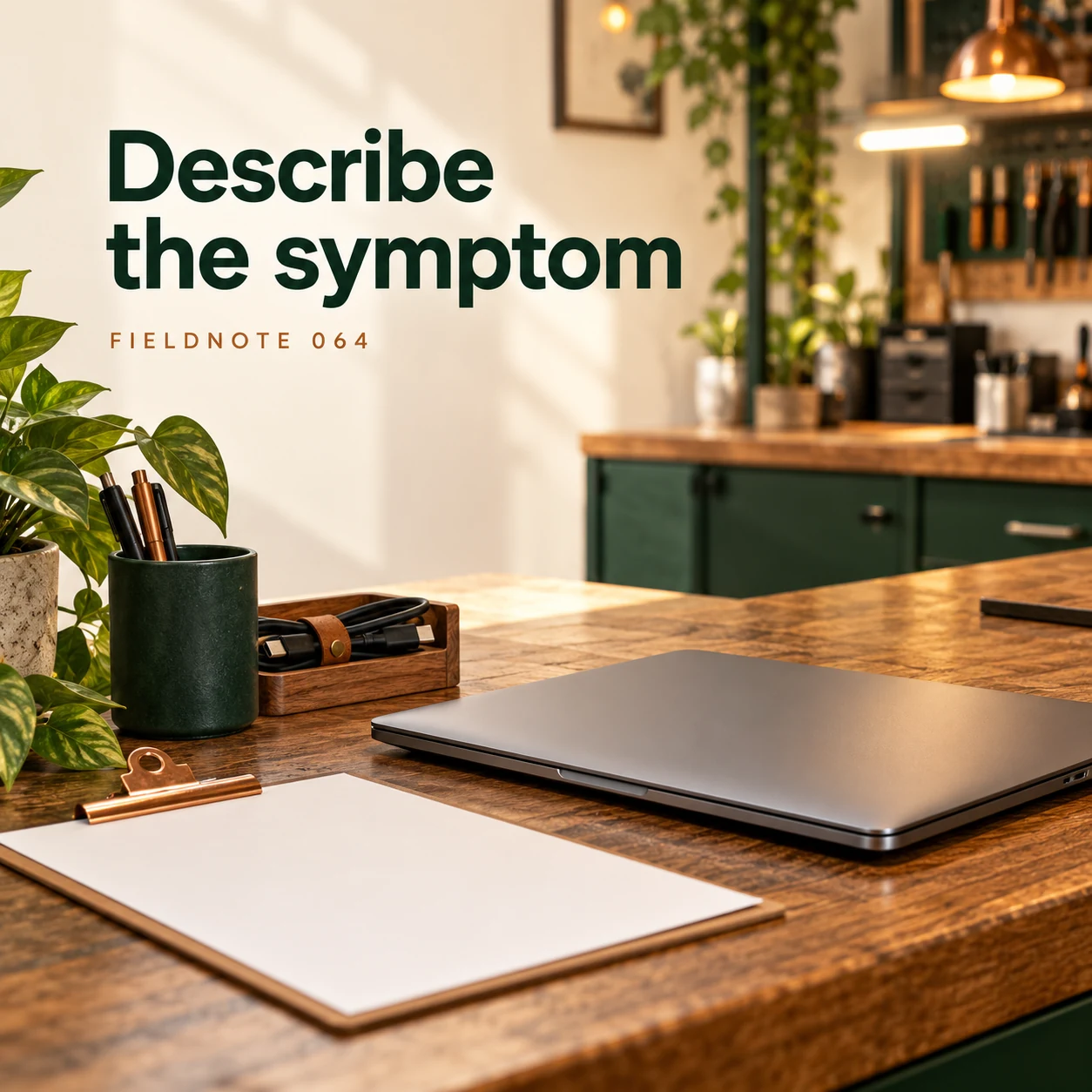 Illustrative campaign concept: closed laptop beside plain symptom card, with the headline “Describe the symptom” and fictional FIELDNOTE branding.