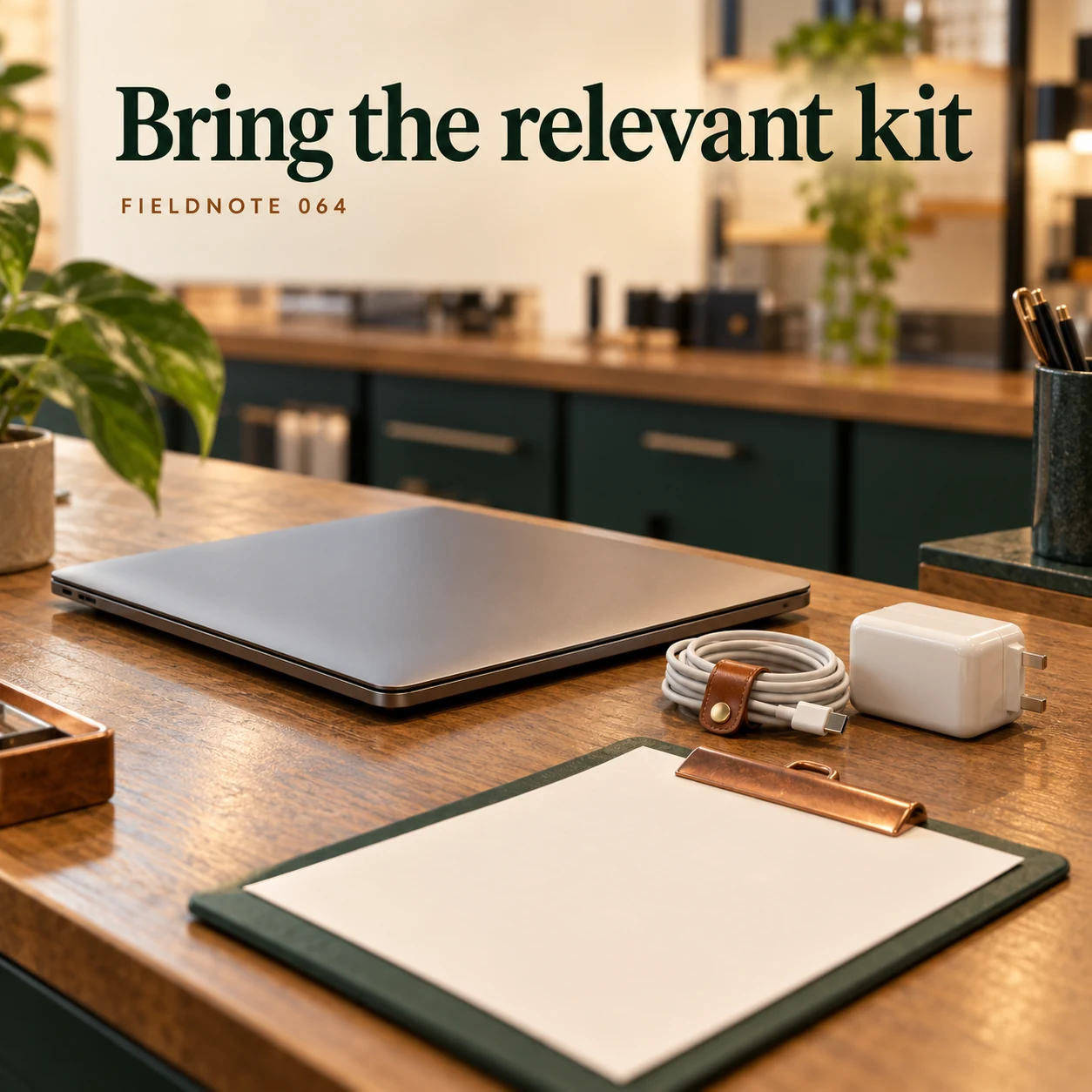 Illustrative campaign concept: laptop and charger on intake counter, with the headline “Bring the relevant kit” and fictional FIELDNOTE branding.