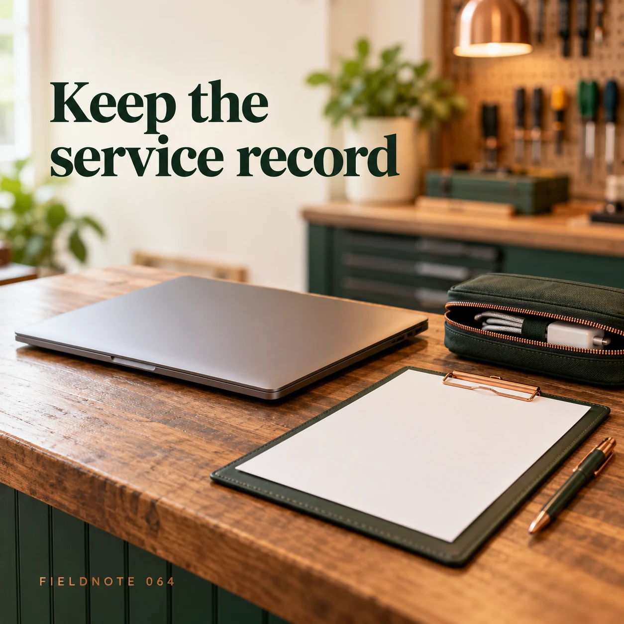 Illustrative fictional repair-counter scene with a closed laptop, an accessory pouch and a blank collection sheet. Headline: Keep the service record. FIELDNOTE 064.