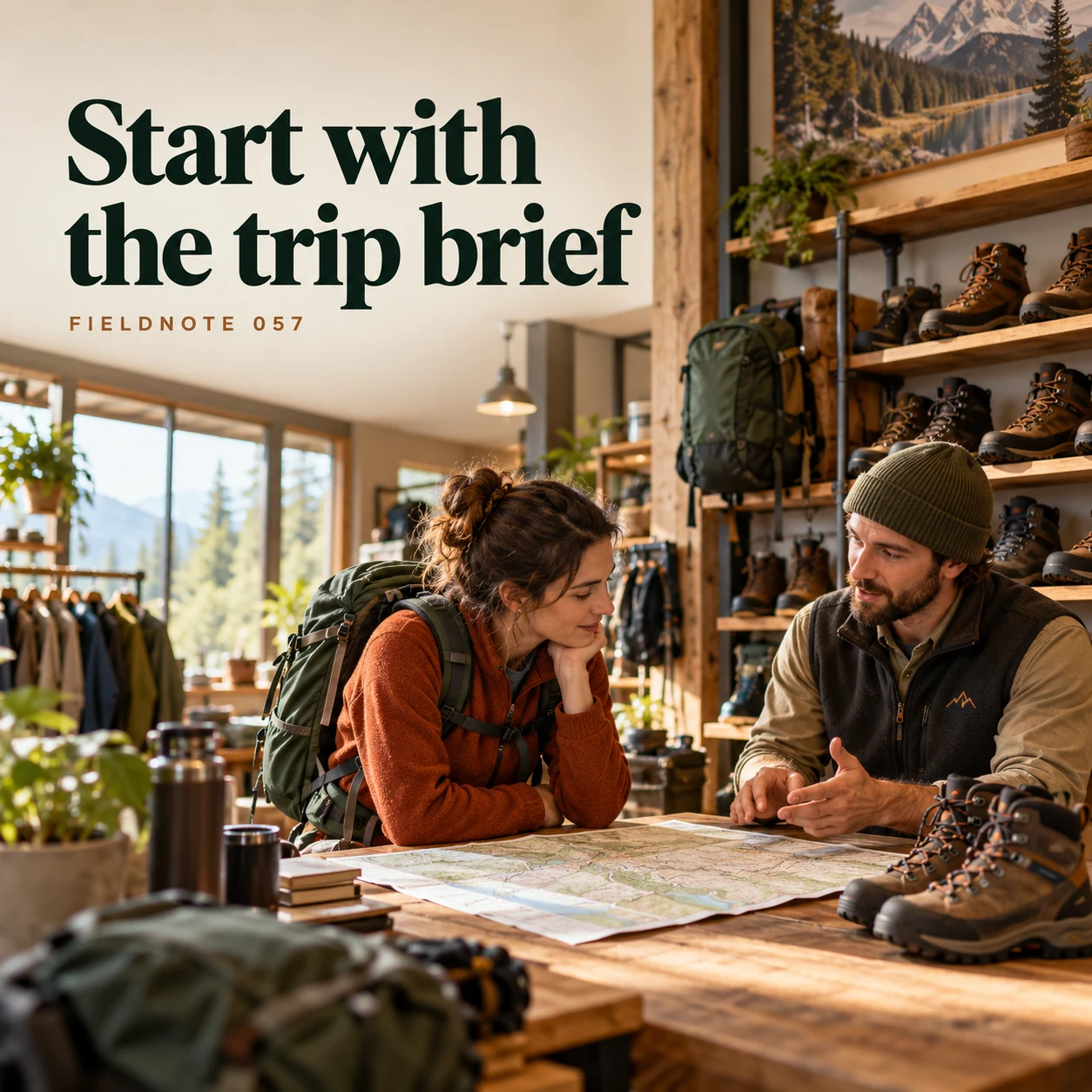 Illustrative campaign concept: adult customer discussing closed trip brief beside boots, with the headline “Start with the trip brief” and fictional FIELDNOTE branding.