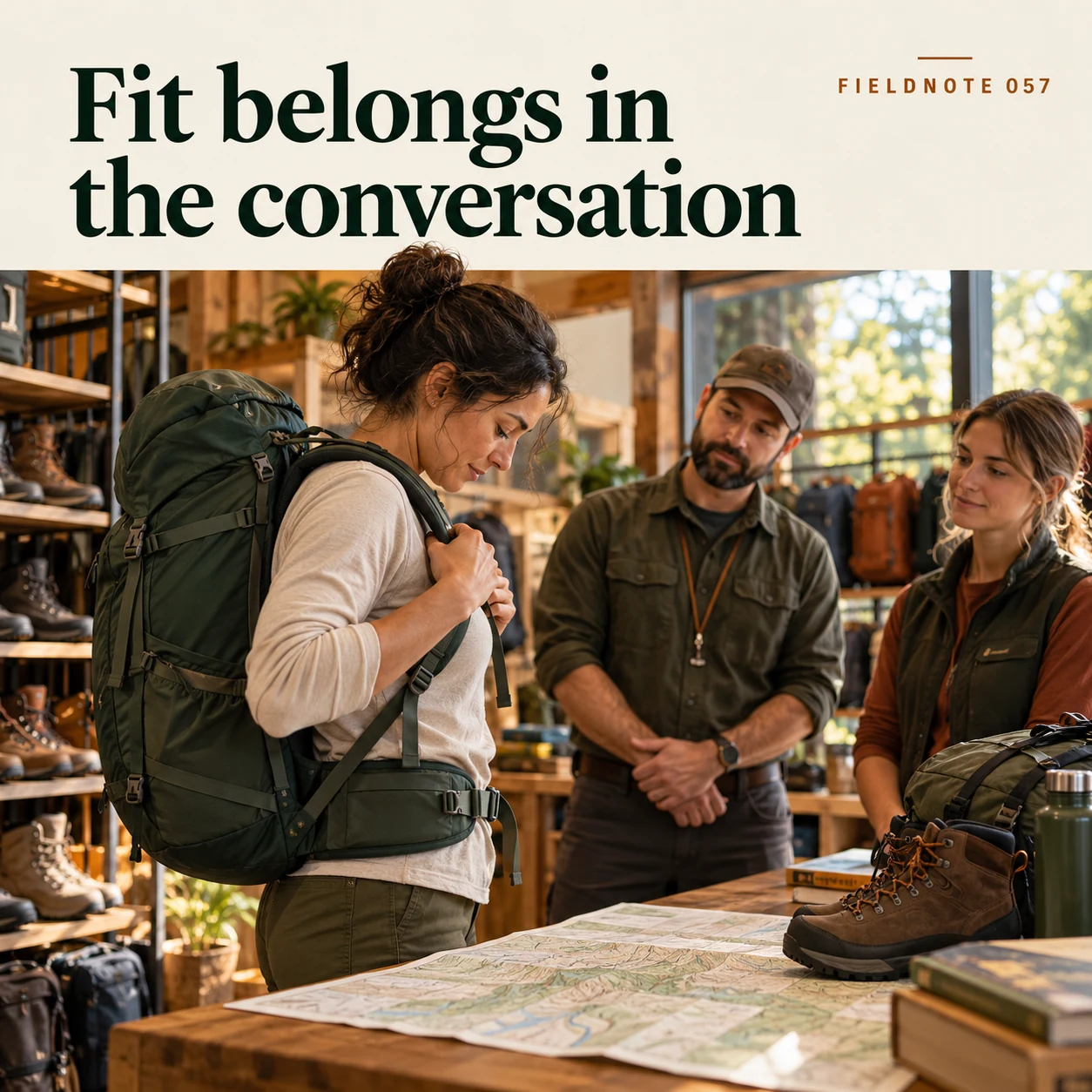 Illustrative campaign concept: adult trying plain pack while staff observe neutrally, with the headline “Fit belongs in the conversation” and fictional FIELDNOTE branding.