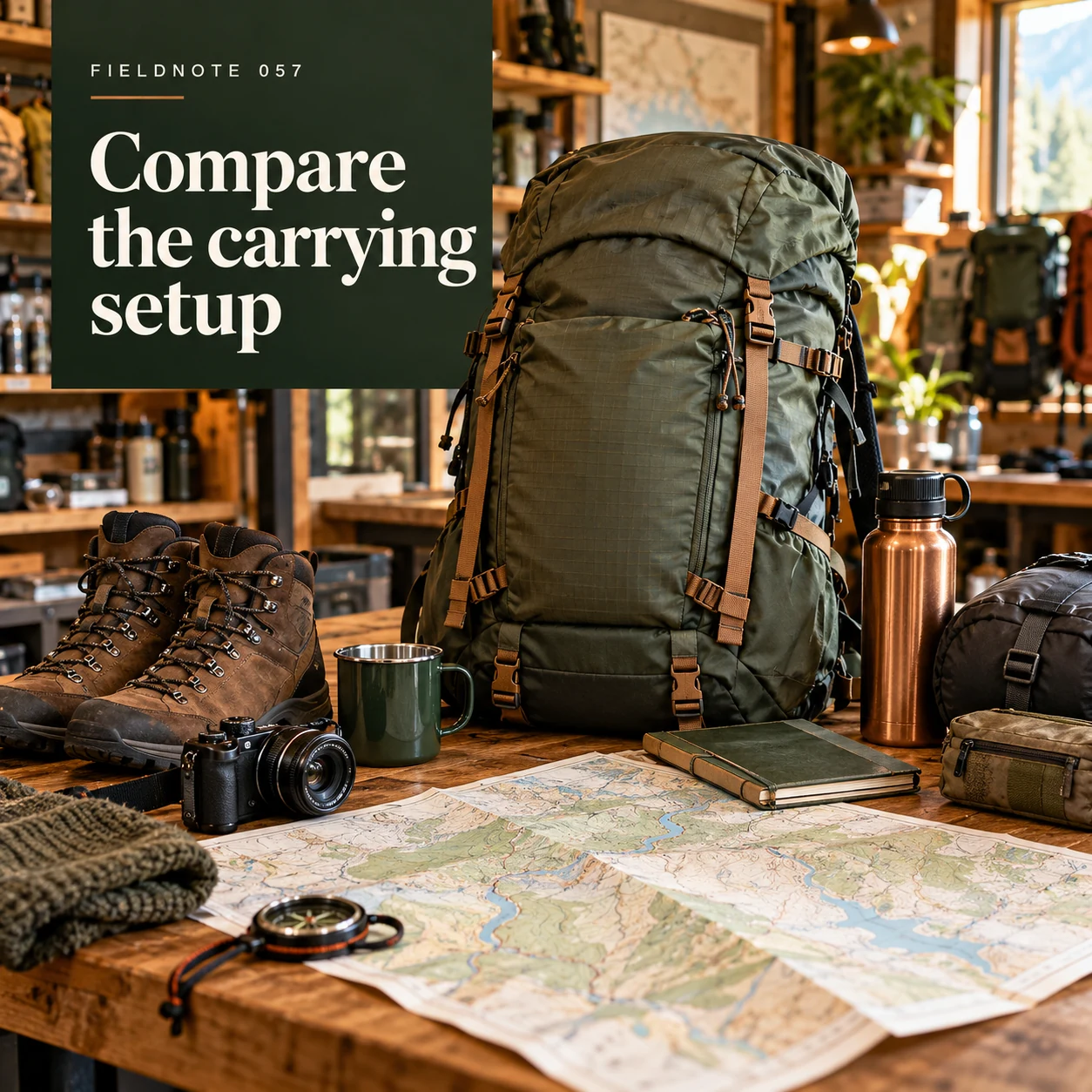 Illustrative campaign concept: pack and ordinary travel objects on shop bench, with the headline “Compare the carrying setup” and fictional FIELDNOTE branding.
