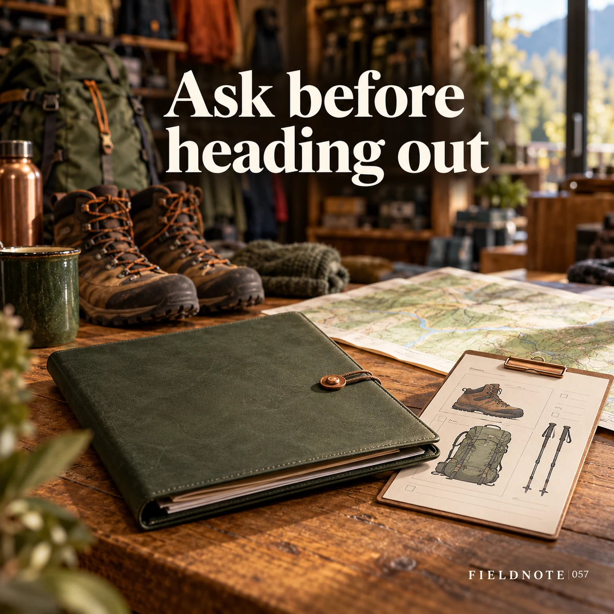 Illustrative campaign concept: closed local-guidance folder beside equipment enquiry card, with the headline “Ask before heading out” and fictional FIELDNOTE branding.