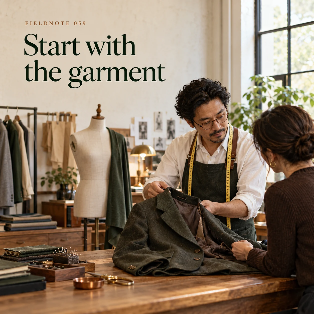 Illustrative campaign concept: adult client presenting original jacket to tailor, with the headline “Start with the garment” and fictional FIELDNOTE branding.