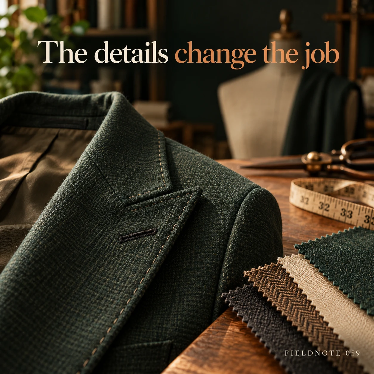 Illustrative campaign concept: close jacket seam beside fabric swatch, with the headline “The details change the job” and fictional FIELDNOTE branding.