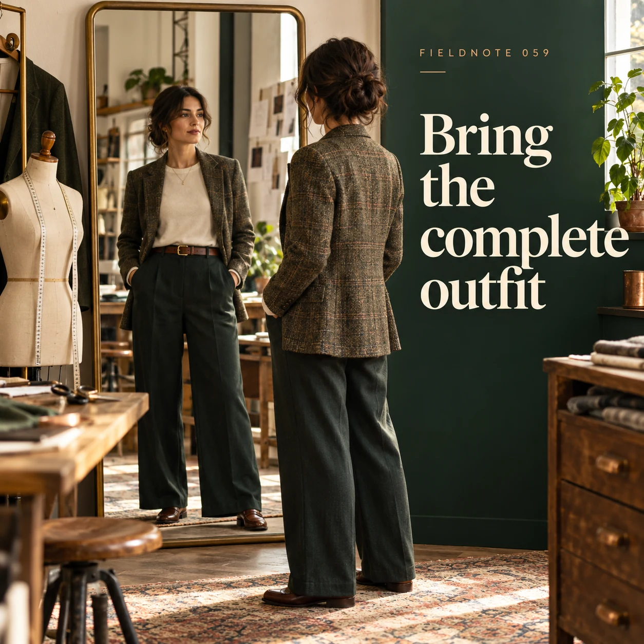 Illustrative campaign concept: adult standing neutrally in outfit near unmarked mirror, with the headline “Bring the complete outfit” and fictional FIELDNOTE branding.