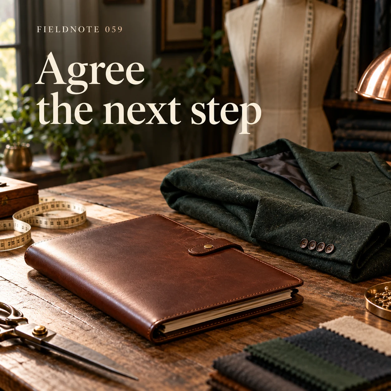 Illustrative campaign concept: closed agreed-work folio beside folded jacket, with the headline “Agree the next step” and fictional FIELDNOTE branding.