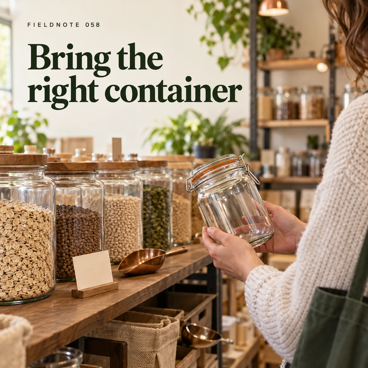 Illustrative campaign concept: adult holding clean empty jar at refill counter, with the headline “Bring the right container” and fictional FIELDNOTE branding.