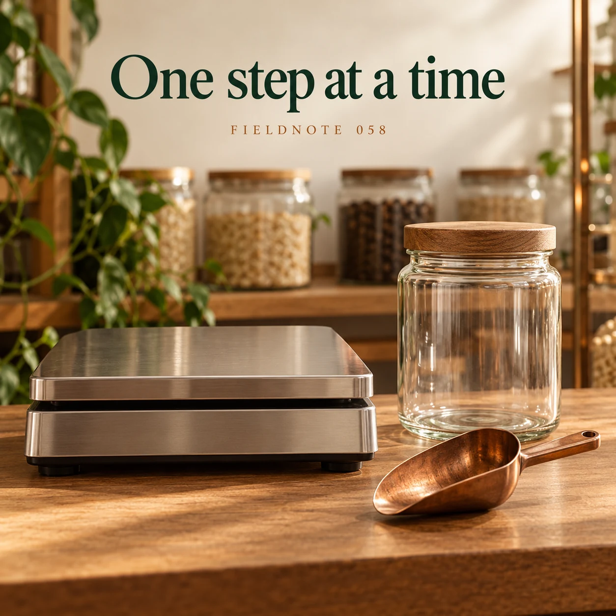 Illustrative campaign concept: closed weighing station with plain container and scoop, with the headline “One step at a time” and fictional FIELDNOTE branding.