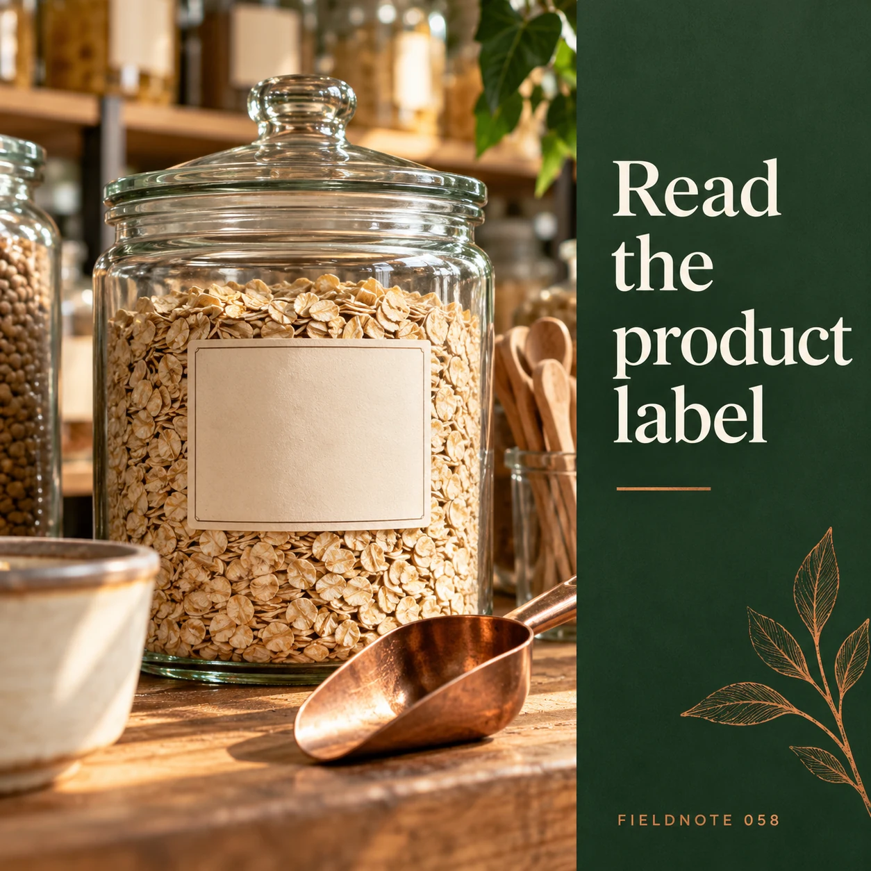 Illustrative campaign concept: close view of unreadable original product label, with the headline “Read the product label” and fictional FIELDNOTE branding.