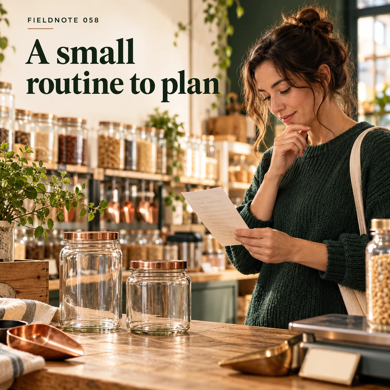 Illustrative campaign concept: adult reviewing household refill list beside two empty jars, with the headline “A small routine to plan” and fictional FIELDNOTE branding.