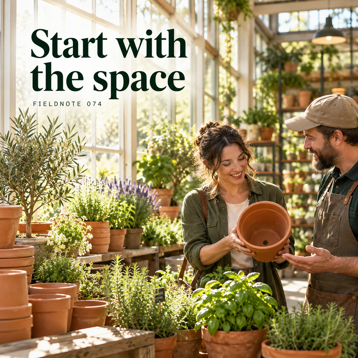 Illustrative campaign concept: adult customer showing empty pot beside light-filled window, with the headline “Start with the space” and fictional FIELDNOTE branding.