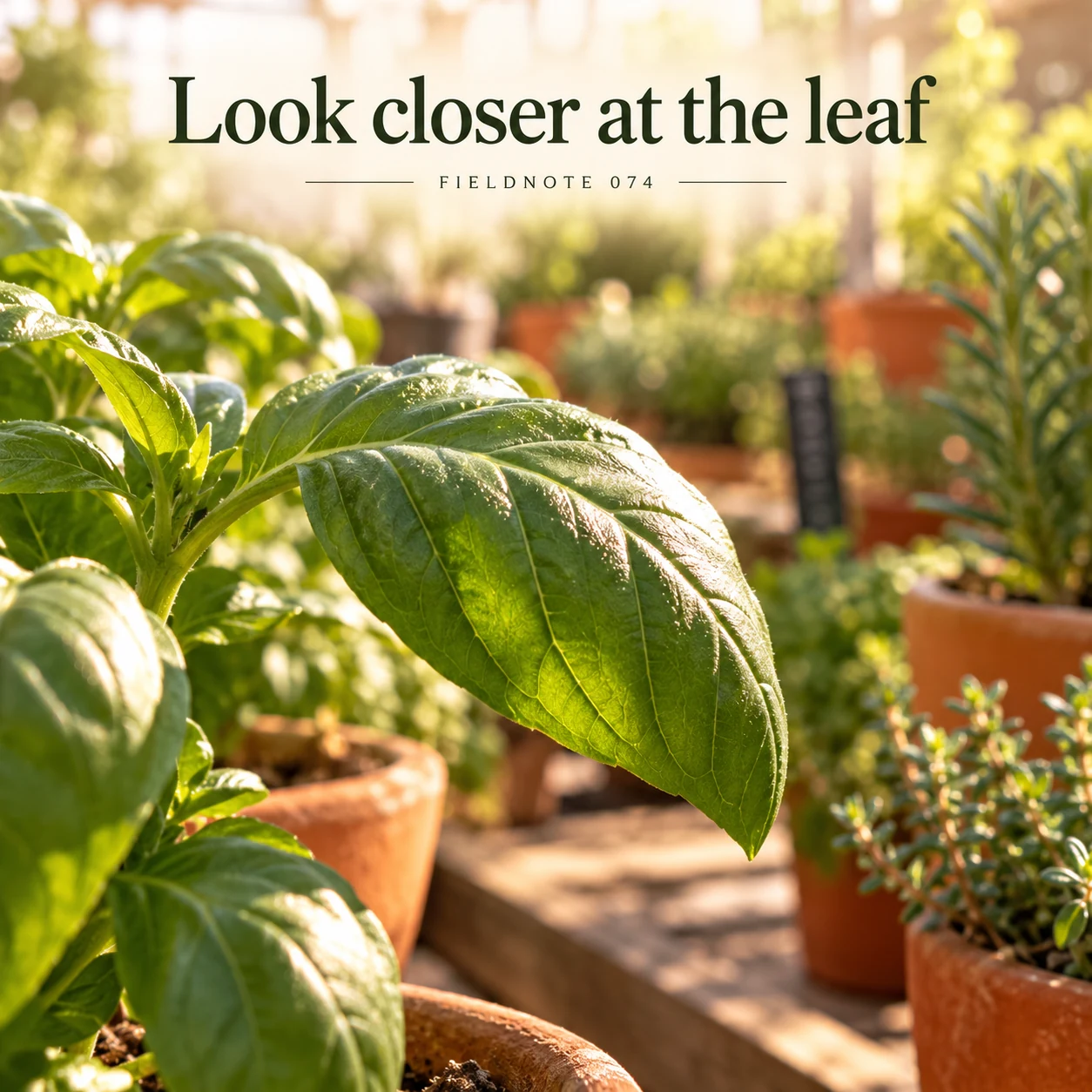 Illustrative campaign concept: close view of original generic green leaf, with the headline “Look closer at the leaf” and fictional FIELDNOTE branding.
