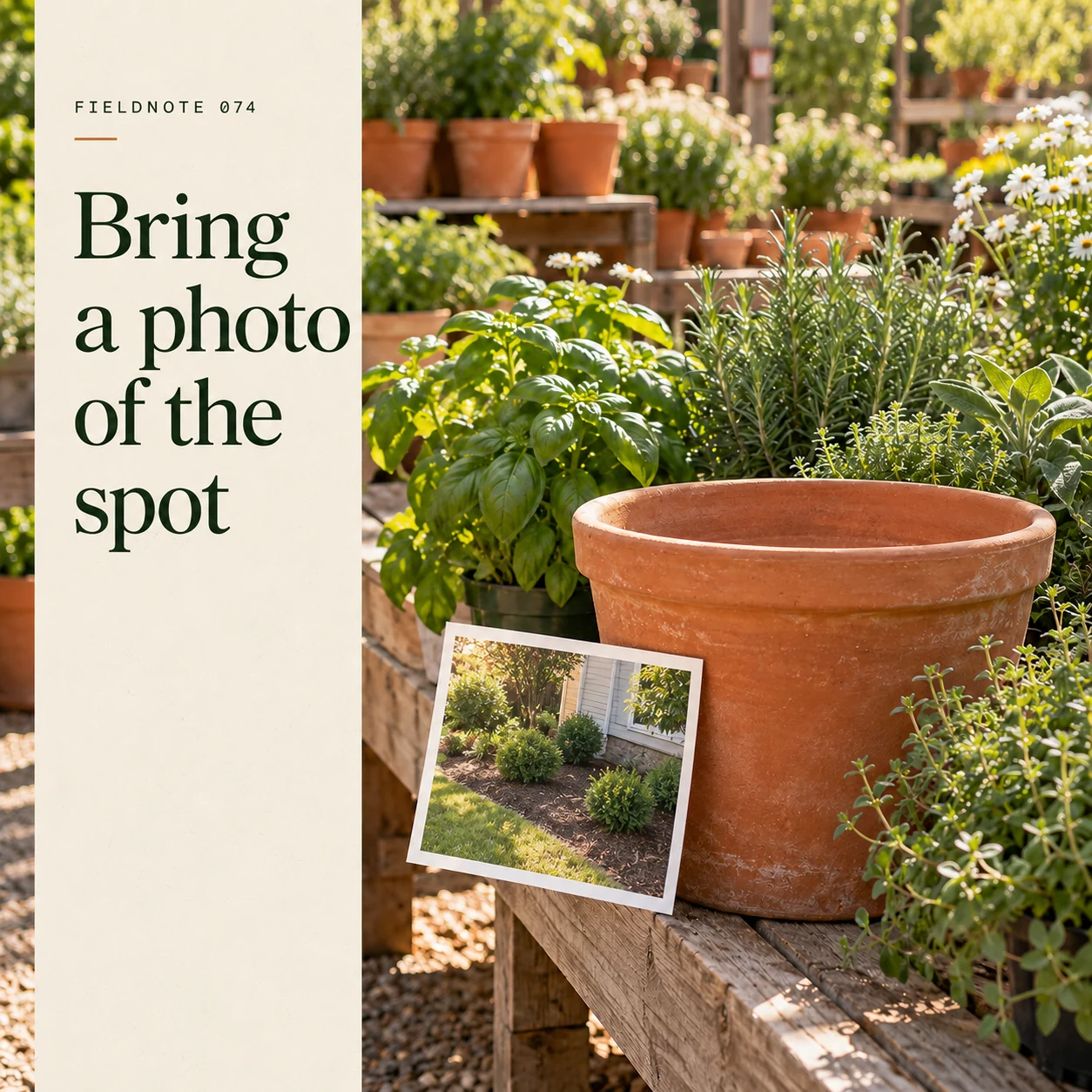 Illustrative campaign concept: plain photo of planting space beside terracotta pot, with the headline “Bring a photo of the spot” and fictional FIELDNOTE branding.
