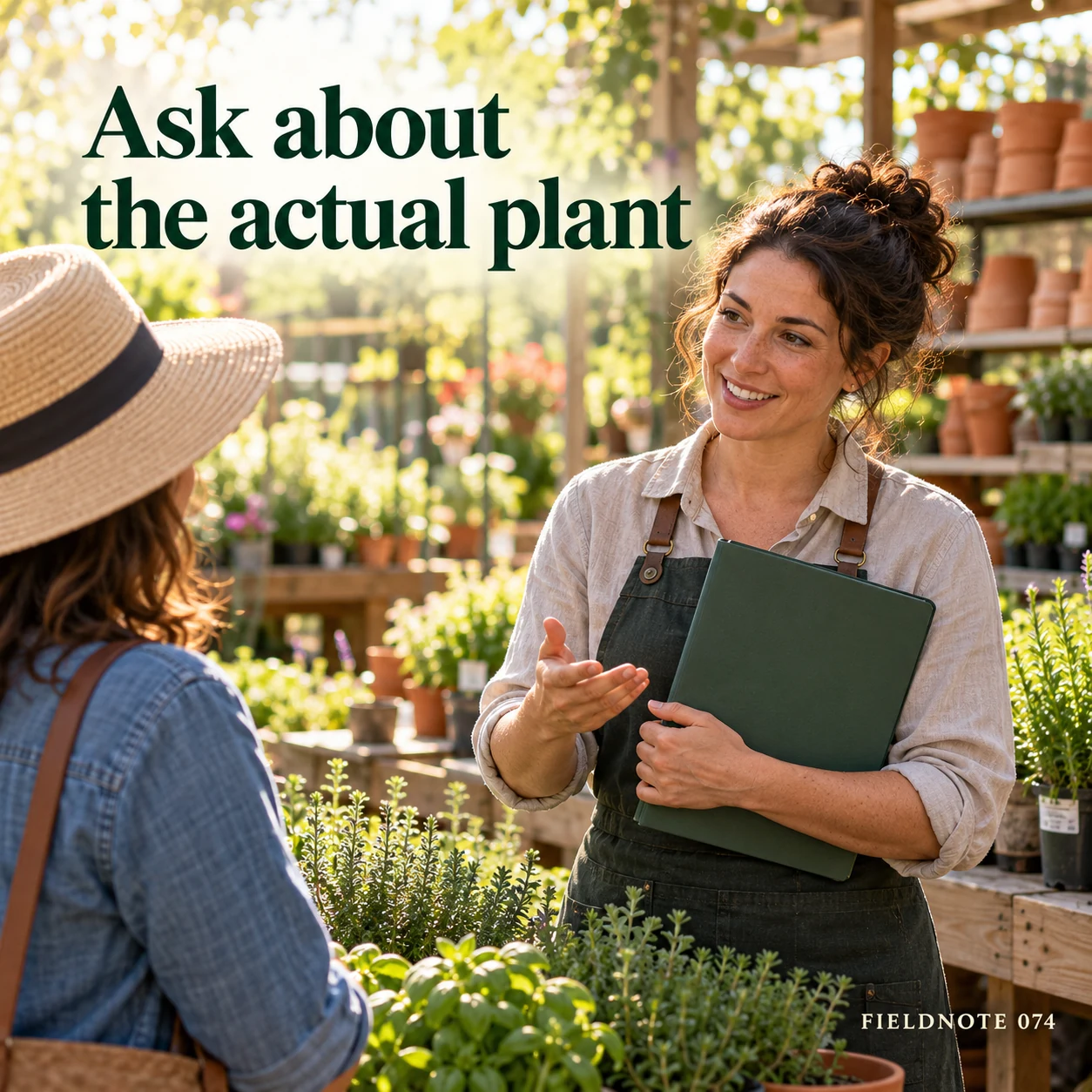 Illustrative campaign concept: adult garden adviser discussing closed plant-information folder, with the headline “Ask about the actual plant” and fictional FIELDNOTE branding.