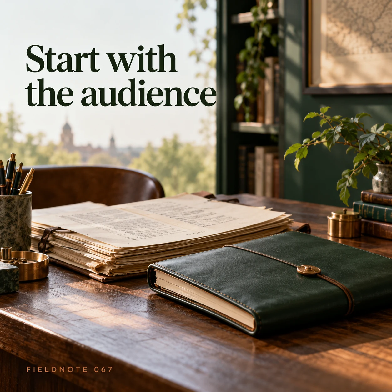 Illustrative campaign concept: closed audience brief beside original document folio, with the headline “Start with the audience” and fictional FIELDNOTE branding.