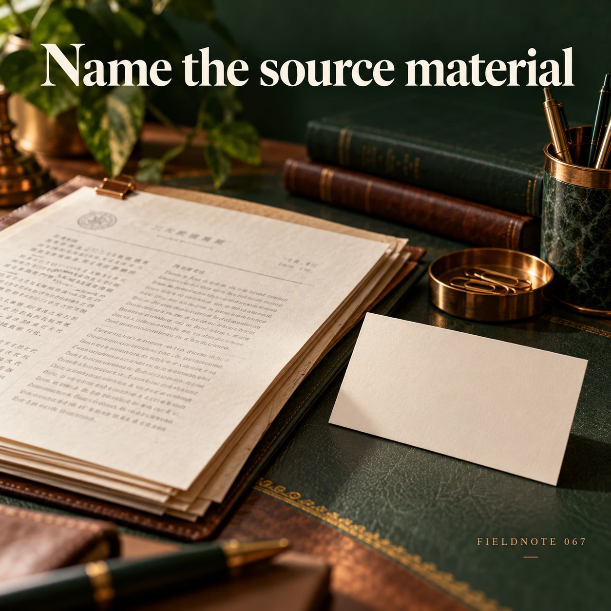 Illustrative campaign concept: plain document sample and unprinted language-information card, with the headline “Name the source material” and fictional FIELDNOTE branding.
