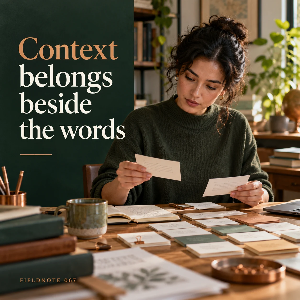 Illustrative campaign concept: adult translator reviewing approved terminology cards, with the headline “Context belongs beside the words” and fictional FIELDNOTE branding.