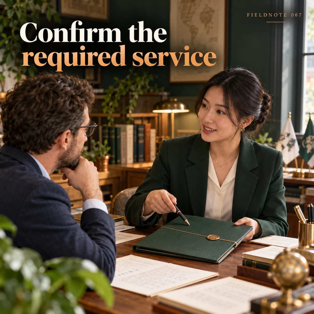 Illustrative campaign concept: client and translator discussing closed delivery-format folder, with the headline “Confirm the required service” and fictional FIELDNOTE branding.