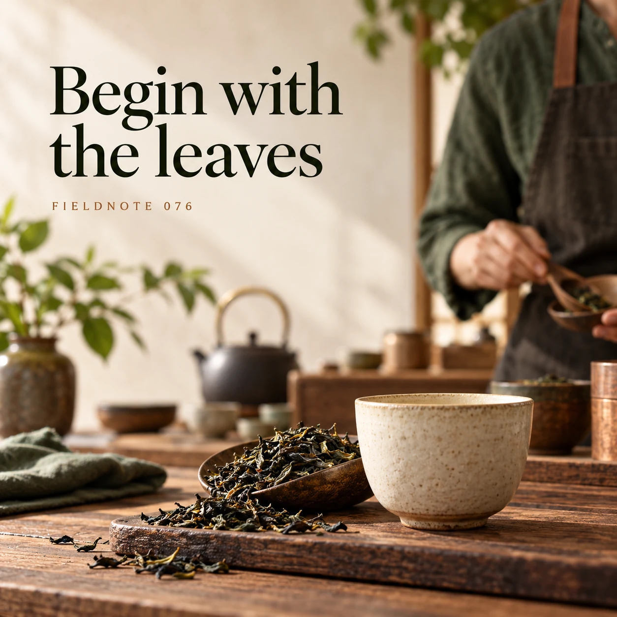 Illustrative campaign concept: loose tea leaves beside unbranded ceramic cup, with the headline “Begin with the leaves” and fictional FIELDNOTE branding.