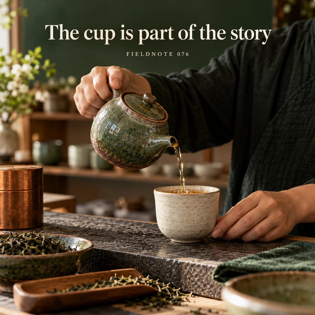 Illustrative campaign concept: adult host pouring into a plain tasting cup, with the headline “The cup is part of the story” and fictional FIELDNOTE branding.
