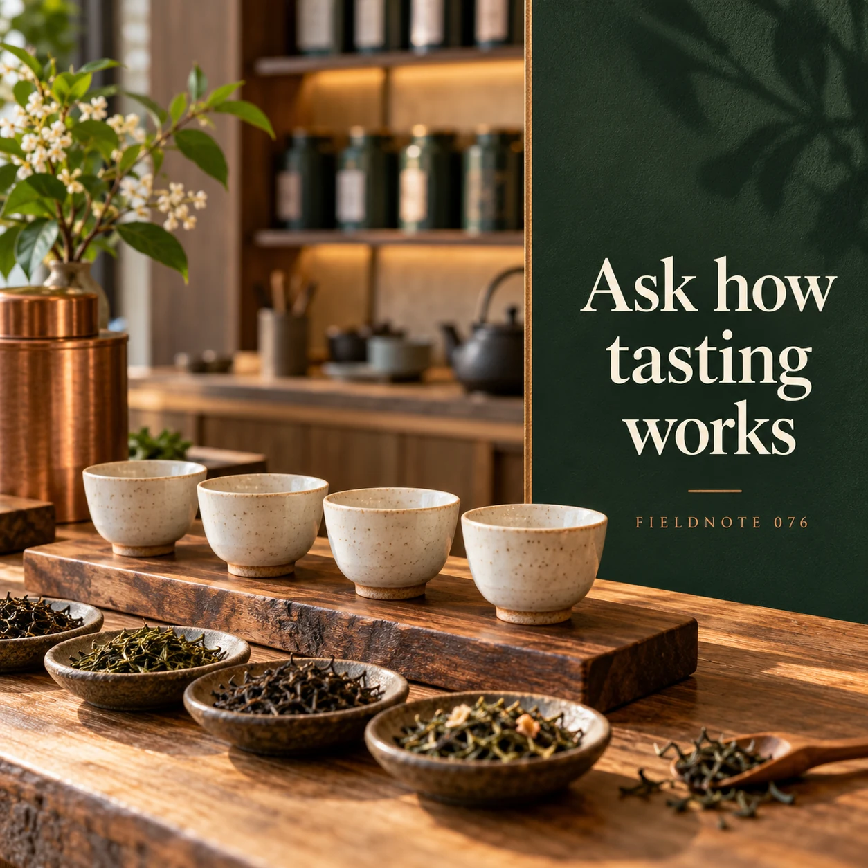 Illustrative campaign concept: empty tasting table with four cups, with the headline “Ask how tasting works” and fictional FIELDNOTE branding.