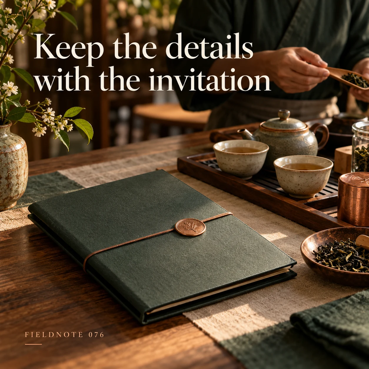 Illustrative campaign concept: closed booking-information folio beside tea tray, with the headline “Keep the details with the invitation” and fictional FIELDNOTE branding.