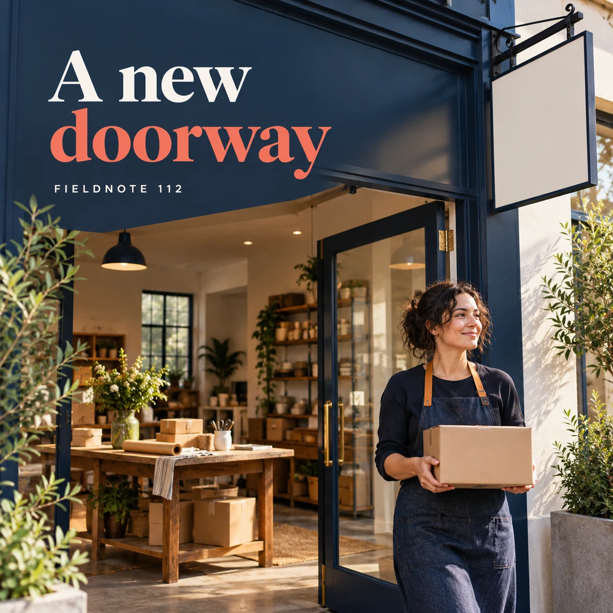 Illustrative campaign concept: adult owner standing inside a new shop entrance, with the headline “A new doorway” and fictional FIELDNOTE branding.