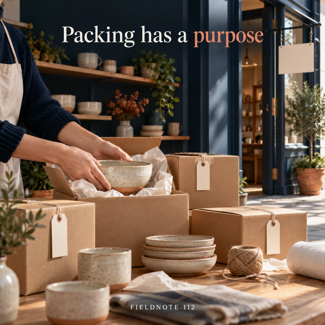 Illustrative campaign concept: hands placing ceramic stock into labeled-looking blank boxes, with the headline “Packing has a purpose” and fictional FIELDNOTE branding.