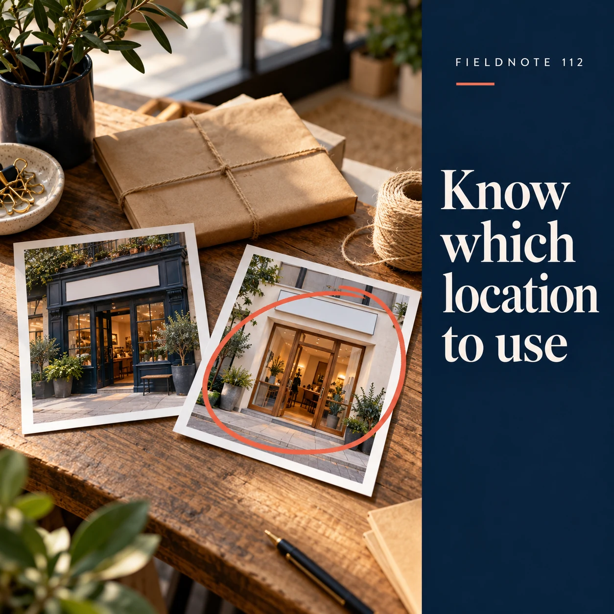 Illustrative campaign concept: two separate doorway photo prints on a desk with one selected, with the headline “Know which location to use” and fictional FIELDNOTE branding.