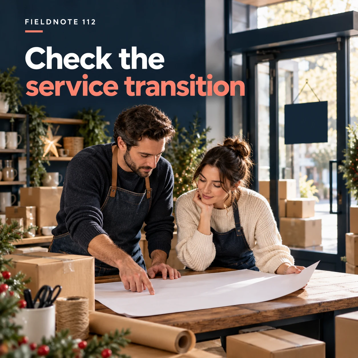 Illustrative campaign concept: adult staff reviewing a plain transition plan, with the headline “Check the service transition” and fictional FIELDNOTE branding.