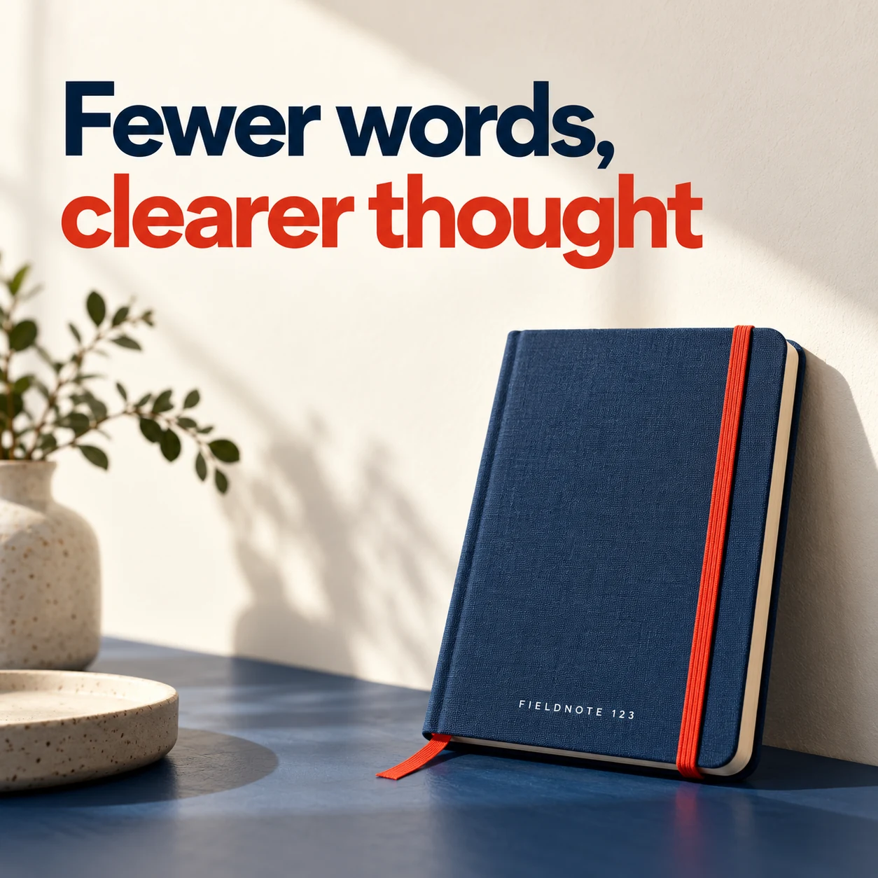 Illustrative campaign concept: one notebook with a large two-line headline above, with the headline “Fewer words, clearer thought” and fictional FIELDNOTE branding.