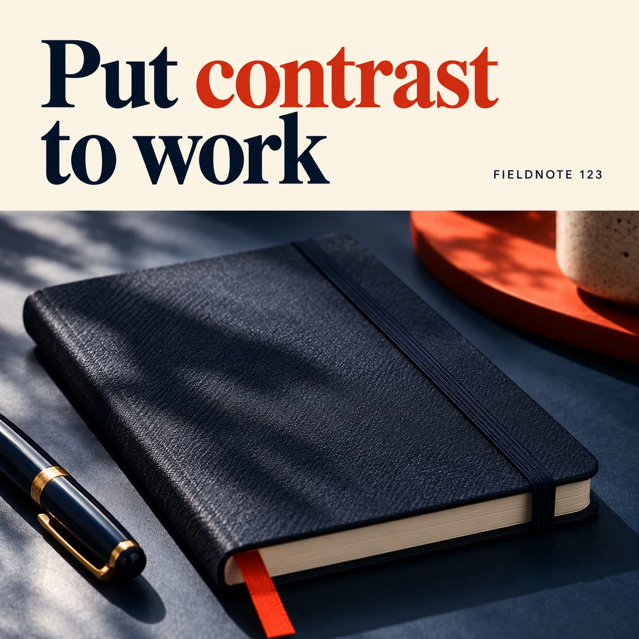 Illustrative campaign concept: dark notebook below a high-contrast cream text area, with the headline “Put contrast to work” and fictional FIELDNOTE branding.