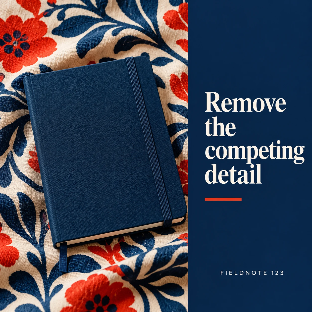 Illustrative campaign concept: notebook on patterned cloth with a clean solid type panel, with the headline “Remove the competing detail” and fictional FIELDNOTE branding.