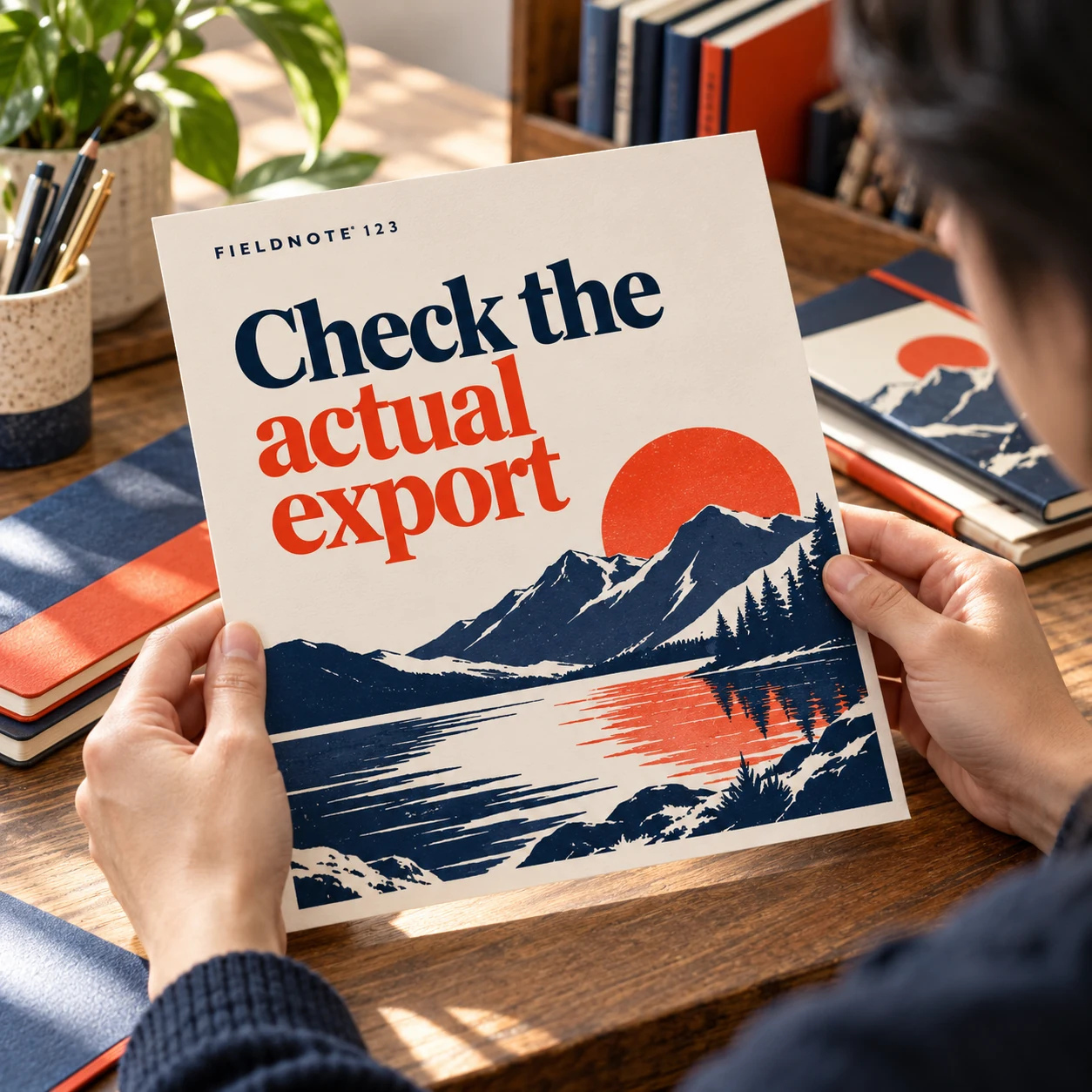Illustrative campaign concept: adult holding a printed original creative at a small viewing distance, with the headline “Check the actual export” and fictional FIELDNOTE branding.