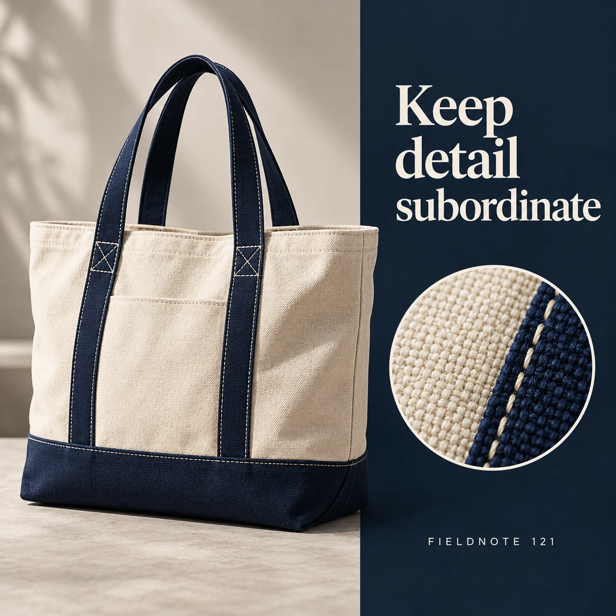 Illustrative campaign concept: bag fabric macro inset beside the full product, with the headline “Keep detail subordinate” and fictional FIELDNOTE branding.