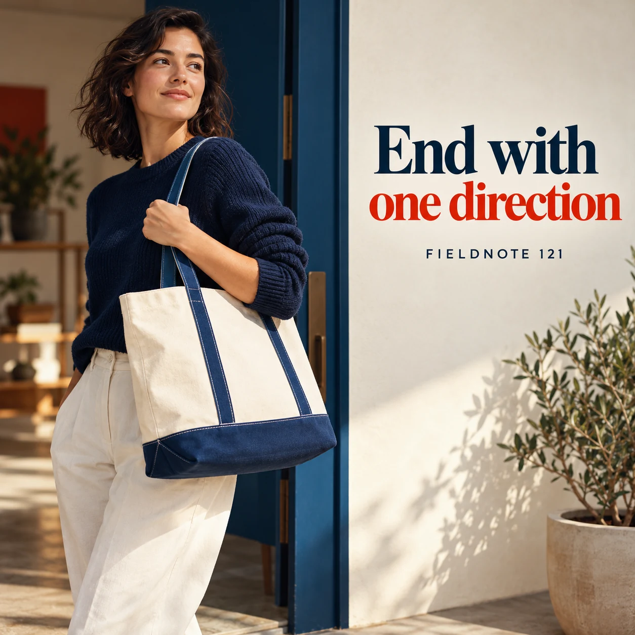 Illustrative campaign concept: adult shopper holding the bag beside a simple exit-side text panel, with the headline “End with one direction” and fictional FIELDNOTE branding.