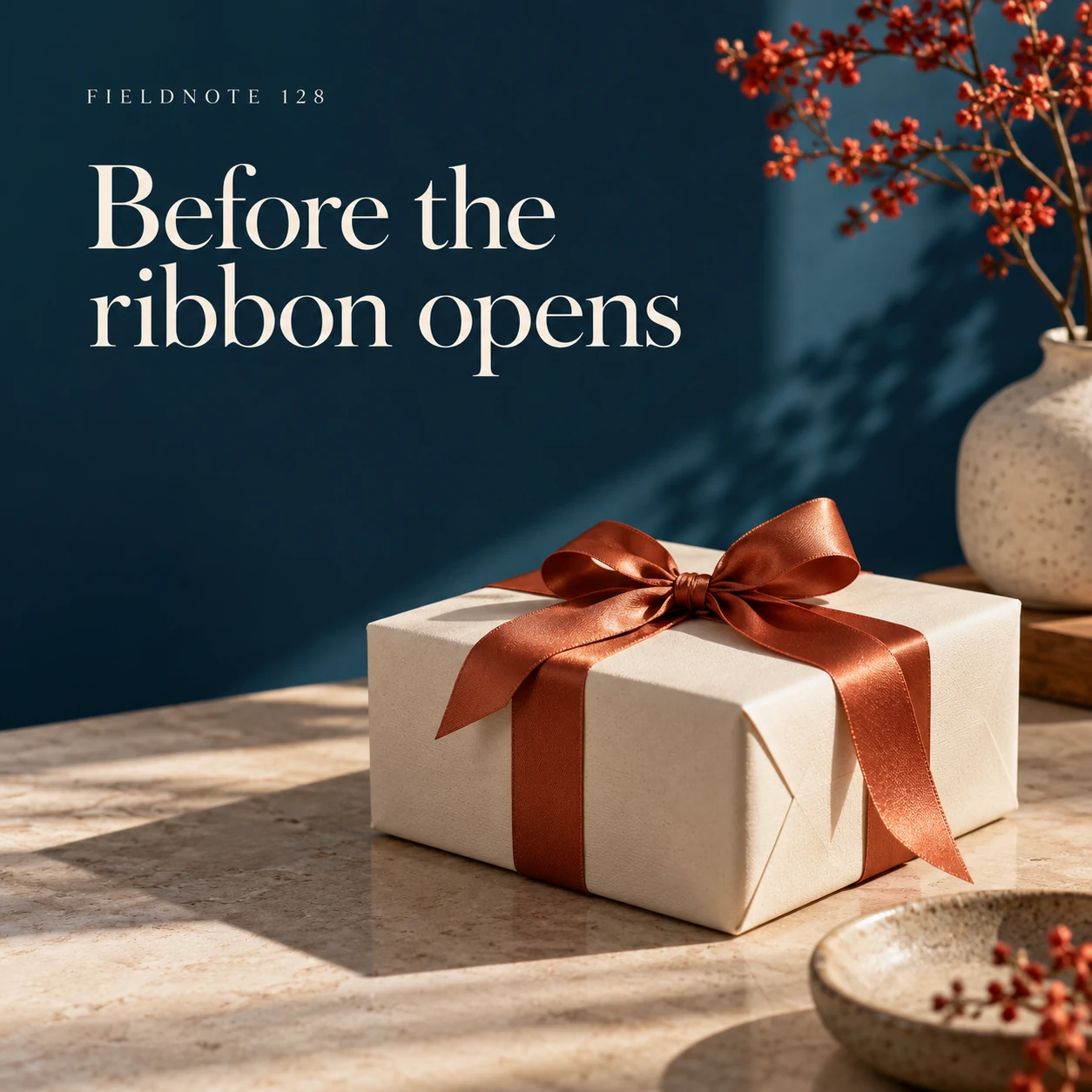 Illustrative campaign concept: closed ivory parcel with copper ribbon on a table, with the headline “Before the ribbon opens” and fictional FIELDNOTE branding.