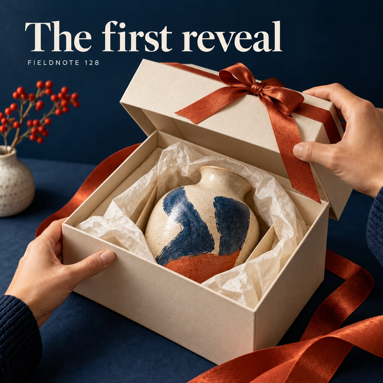 Illustrative campaign concept: adult hands lifting a box lid to reveal wrapped ceramic, with the headline “The first reveal” and fictional FIELDNOTE branding.