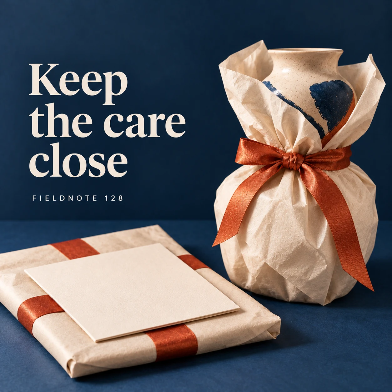 Illustrative campaign concept: unprinted insert resting above paper-wrapped vase, with the headline “Keep the care close” and fictional FIELDNOTE branding.