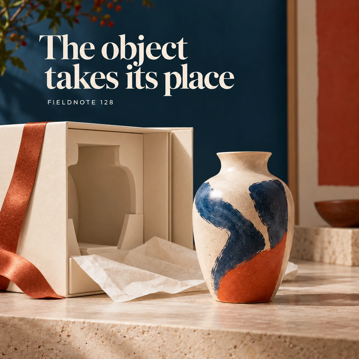 Illustrative campaign concept: ceramic vase beside neatly opened original packaging, with the headline “The object takes its place” and fictional FIELDNOTE branding.
